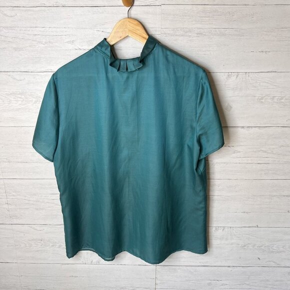 Talbots Top Womens Size 14W Dark Teal Ruffle Silk Blend Button Down Blouse - Picture 10 of 16